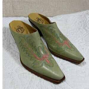 Charla Anne Green Embroidered Pointed Mule Heels
